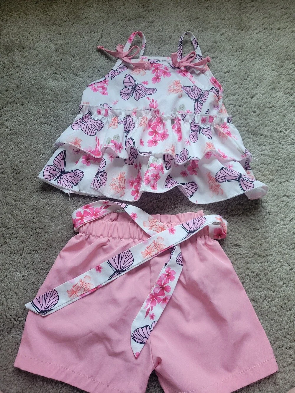 Pink Butterfly Ruffle Tank and Shorts Set